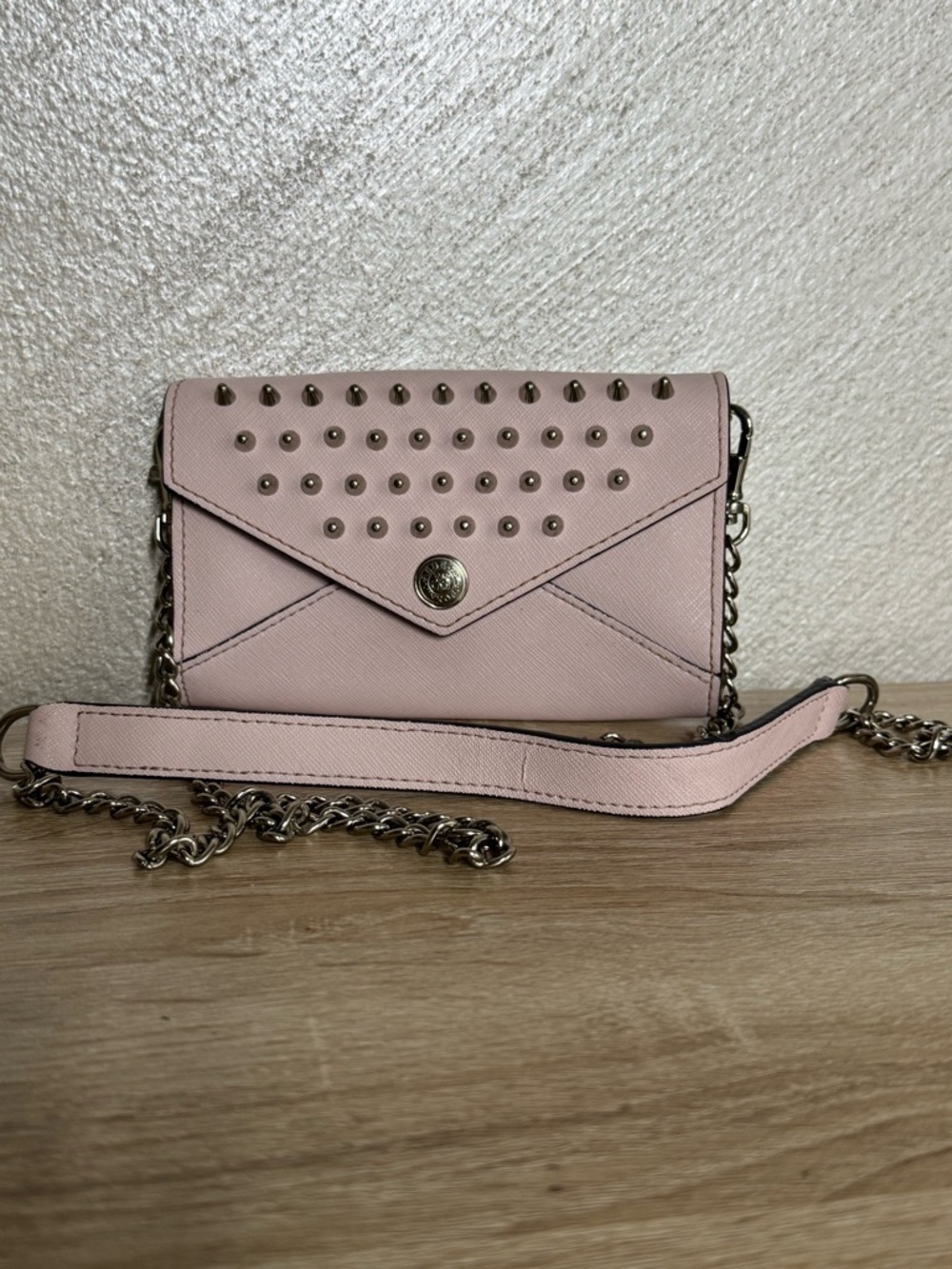 Rebecca Minkoff studded envelope crossbody bag in pink saffiano leather